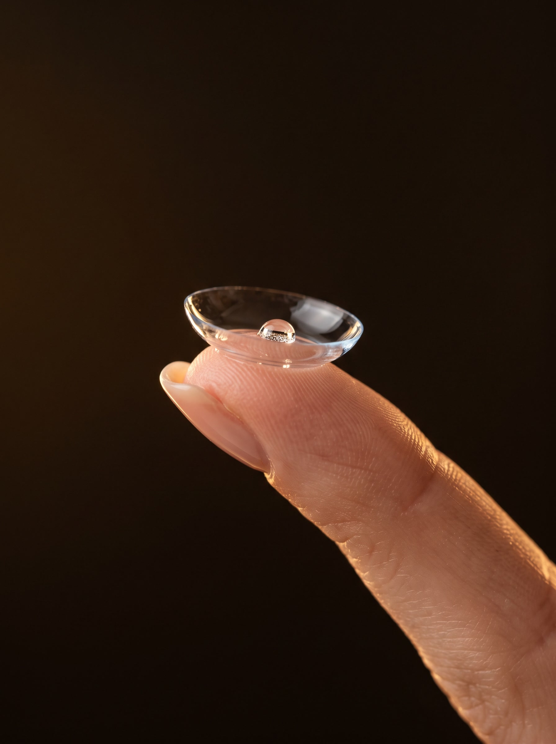 A soft contact lens on a fingertip